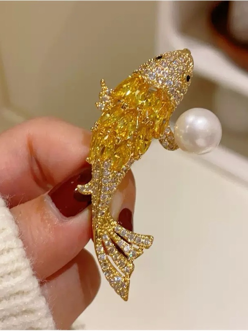 Gold Koi Fish Brooch with Yellow Crystal Accents and Pearl